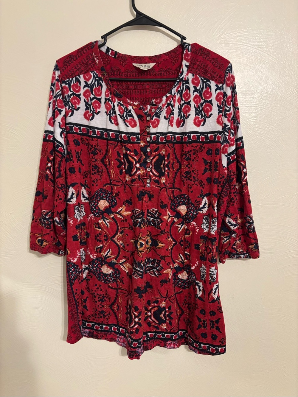 Lucky Brand Red Boho Floral Print Henley Top 3X Plus Size 3/4 Sleeve Tunic